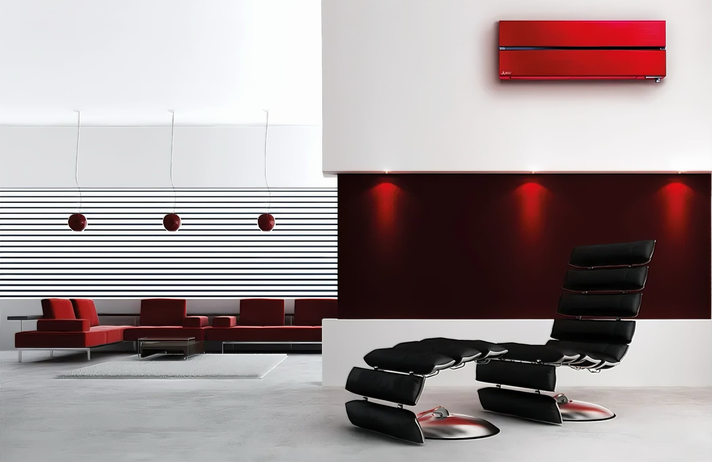 Red Mitsubishi Electric wall-mounted split unit in a modern lounge